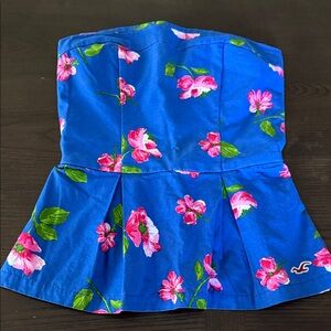 Hollister Royal Blue Pink Floral Smocked Peplum  Tube Top